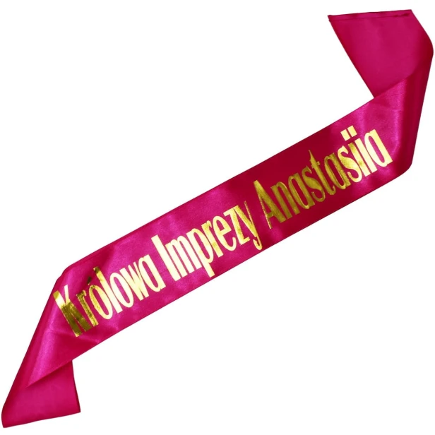 Szarfa rozowa Krolowa imprezy z imieniem - rozowa, zloty nadruk