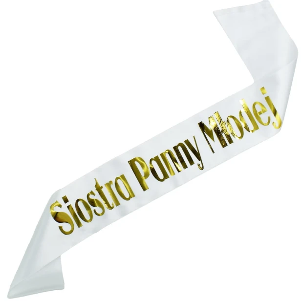 Biala szarfa Siostra Panny Mlodej - zloty nadruk