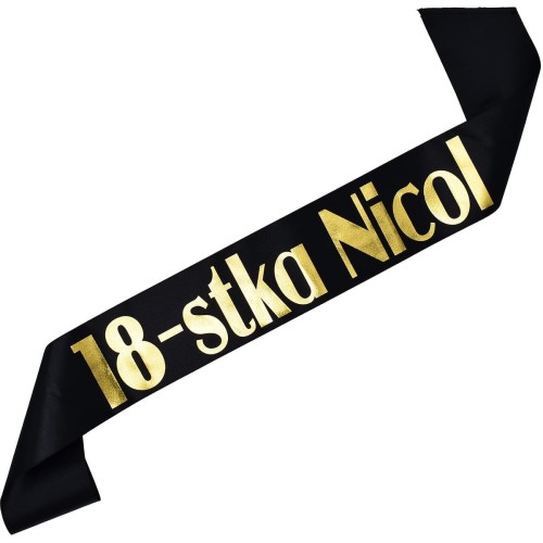 Szarfa na 18 urodziny 18-stka imieniem - czarna, zloty nadruk