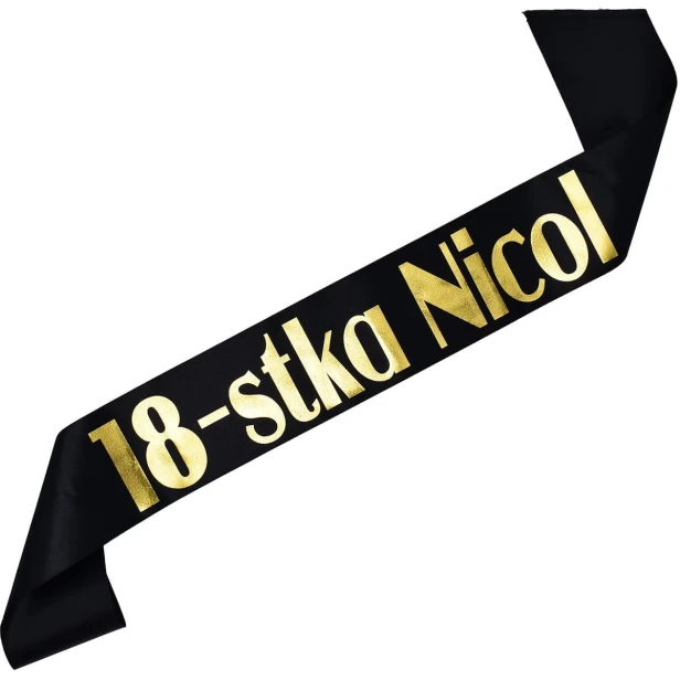 Szarfa na 18 urodziny 18-stka imieniem - czarna, zloty nadruk