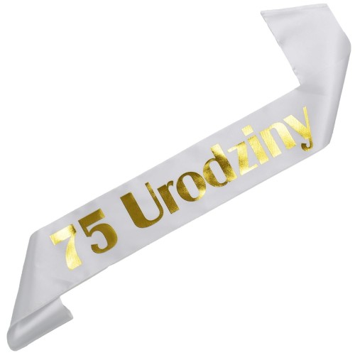 Szarfa na 75 urodziny - biala, zloty nadruk