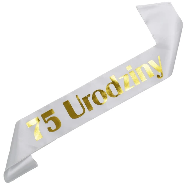 Szarfa na 75 urodziny - biala, zloty nadruk