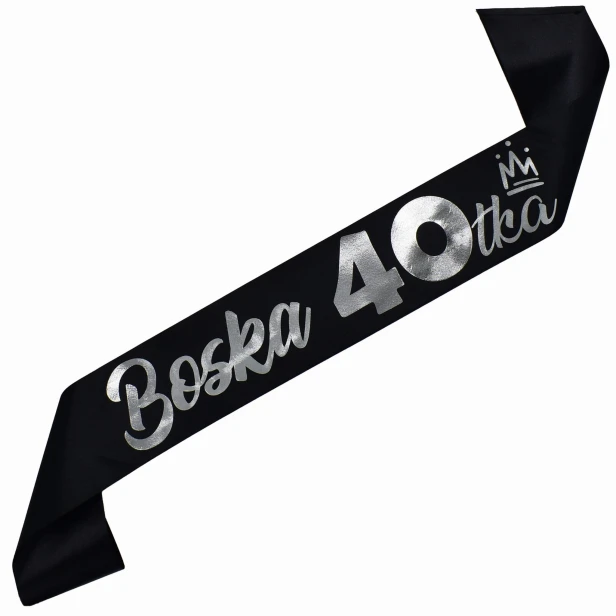 Szarfa na 40 urodziny Boska 40-tka - czarna, srebrny nadruk