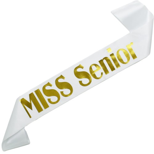 Szarfa biala Miss Senior - zloty nadruk