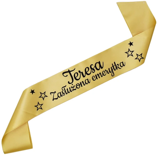 Szarfa zlota Zasluzona Emerytka z imieniem - czarny nadruk