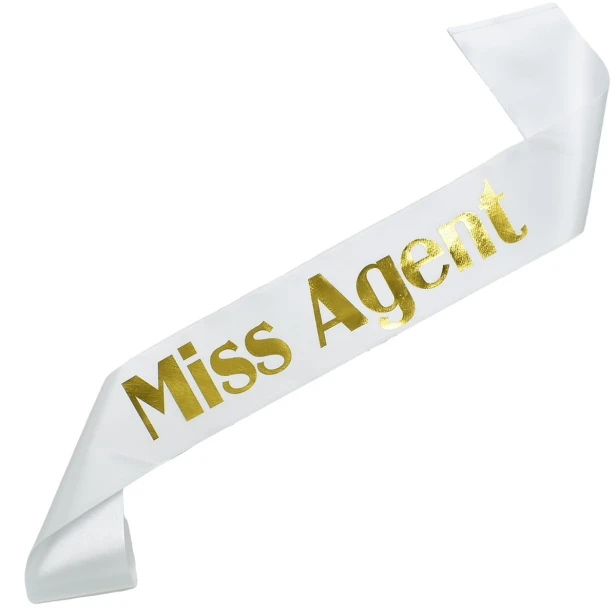 Szarfa biala Miss Agent - zloty nadruk