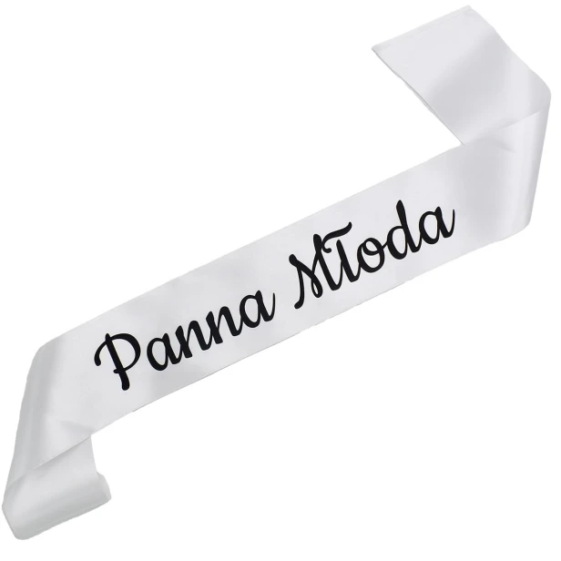 Biala szarfa Panna Mloda - czarny nadruk