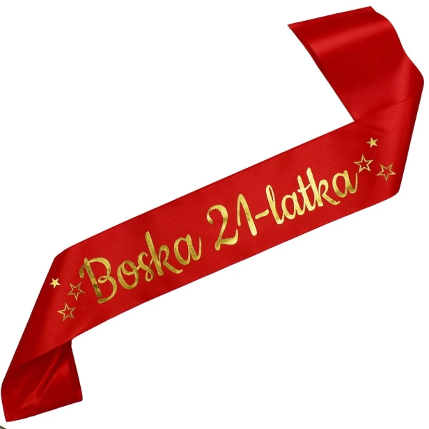 Szarfa na 21 urodziny Boska 21 - latka - czerwona, zloty nadruk