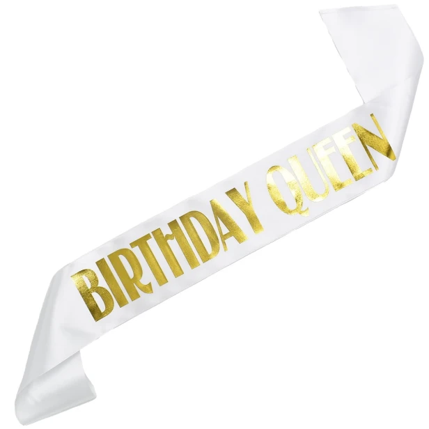 Szarfa biala Birthday Queen - biala, zloty nadruk - Szarfy urodzinowe uniwersalne