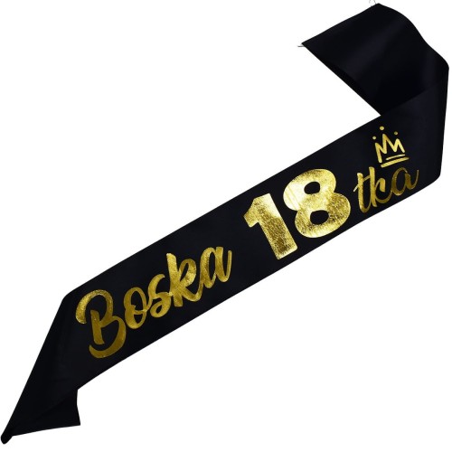 Szarfa na 18 urodziny Boska 18-tka - czarna, zloty nadruk