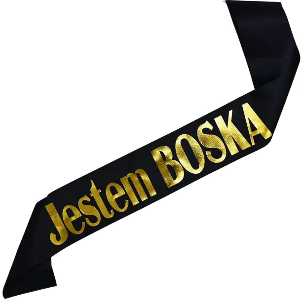 Szarfa czarna Jestem Boska - zloty nadruk