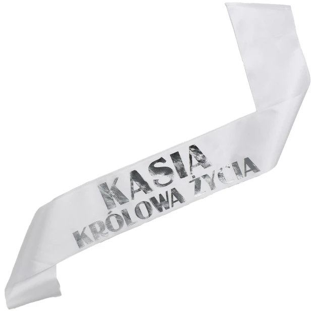 Szarfa biala Krolowa zycia z imieniem - srebrny nadruk