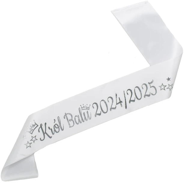 Szarfa biala Krol Balu 2024/2025 - srebrny nadruk