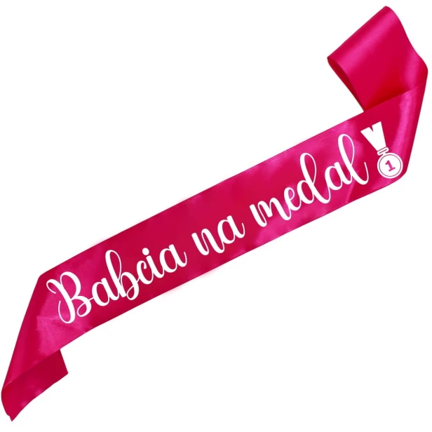 Szarfa rozowa Babcia na medal - bialy nadruk