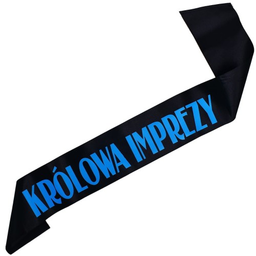 Szarfa czarna Krolowa Imprezy - z niebieskim napisem