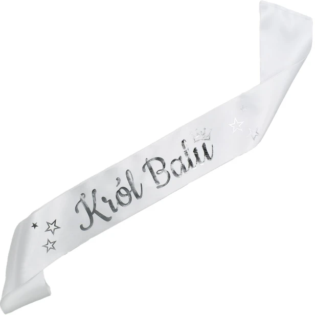 Szarfa biala Krol Balu - srebrny nadruk