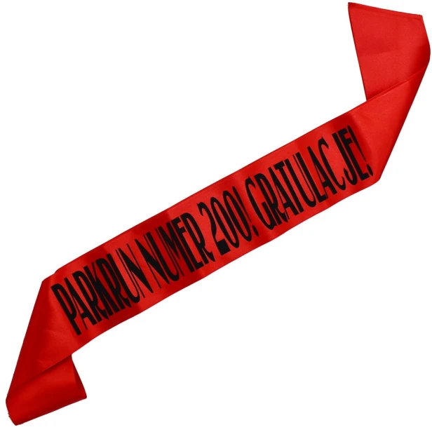 Szarfa czerwona Parkrun numer 200! Gratulacje! - czarny nadruk