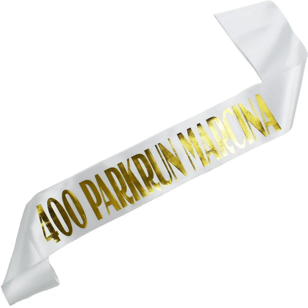 Szarfa na 40 urodziny 400 parkrun imieniem - biala, zloty nadruk