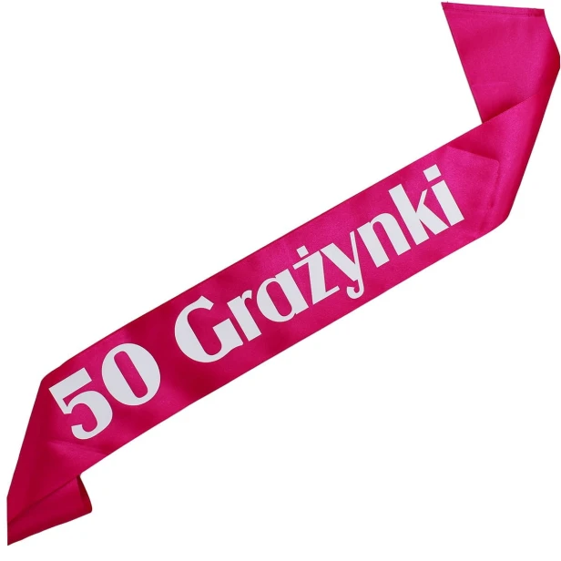 Szarfa na 50 urodziny 50 dowolnym imieniem - fuksjowa - bialy nadruk