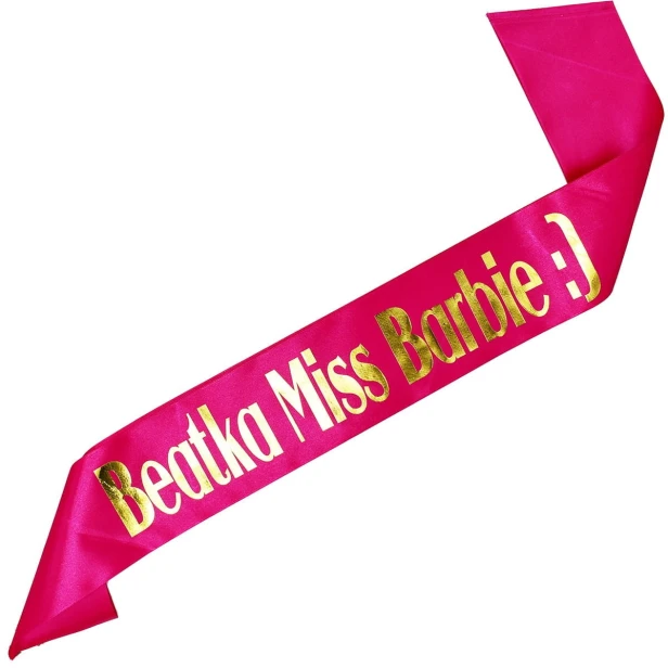 Szarfa rozowa Miss Barbie z imieniem - zloty nadruk