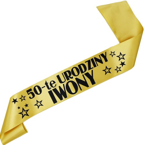 Szarfa na 50 urodziny 50-te urodziny dowolnym imieniem - zlota, czarny nadruk