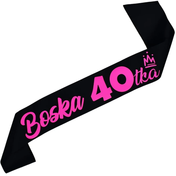 Szarfa na 40 urodziny Boska 40-tka neonowym rozowym - czarna