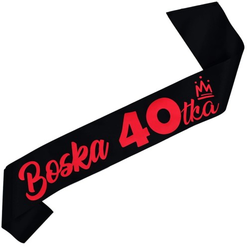 Szarfa na 40 urodziny Boska 40-tka neonowym rozowo-czerwonym - czarna