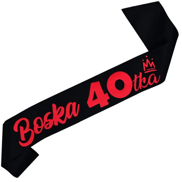 Szarfa na 40 urodziny Boska 40-tka neonowym rozowo-czerwonym - czarna