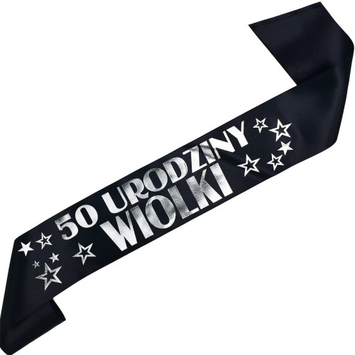 Szarfa na 50 urodziny dowolnym imieniem - czarna, srebrny nadruk