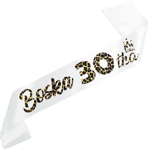Szarfa na 30 urodziny Boska 30-tka - w panterke - biala