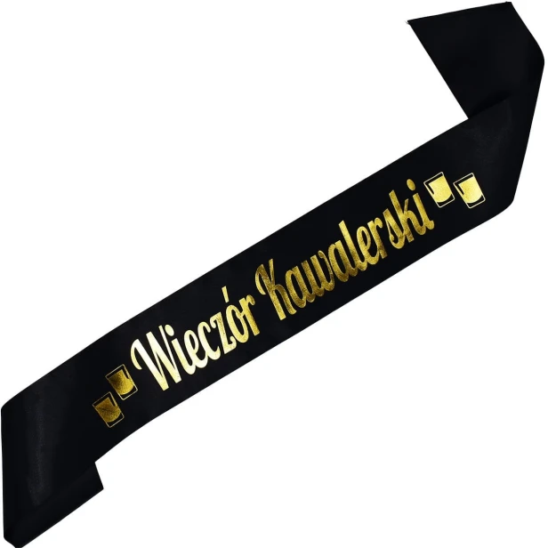 Czarna szarfa Wieczor kawalerski - z kieliszkami - zloty nadruk