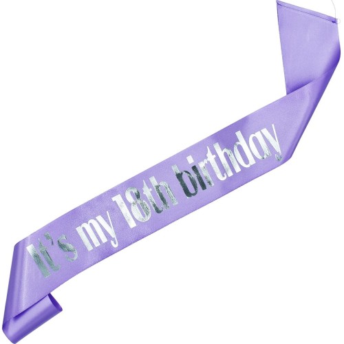 Szarfa na 18 urodziny Its my 18th Birthday - fioletowa, srebrny nadruk