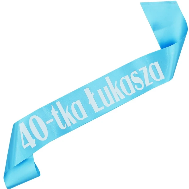 Szarfa na 40 urodziny 40-tka imieniem - blekitna, bialy nadruk