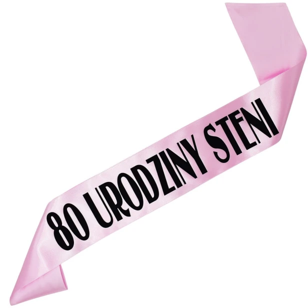 Szarfa na 80 urodziny imieniem - jasnorozowa, czarny nadruk
