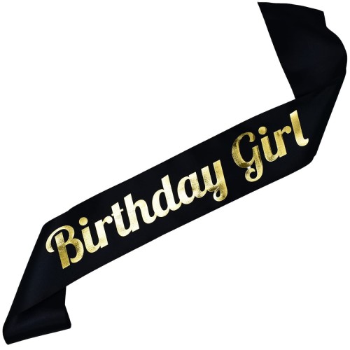 Szarfa czarna Birthday Girl - zloty nadruk