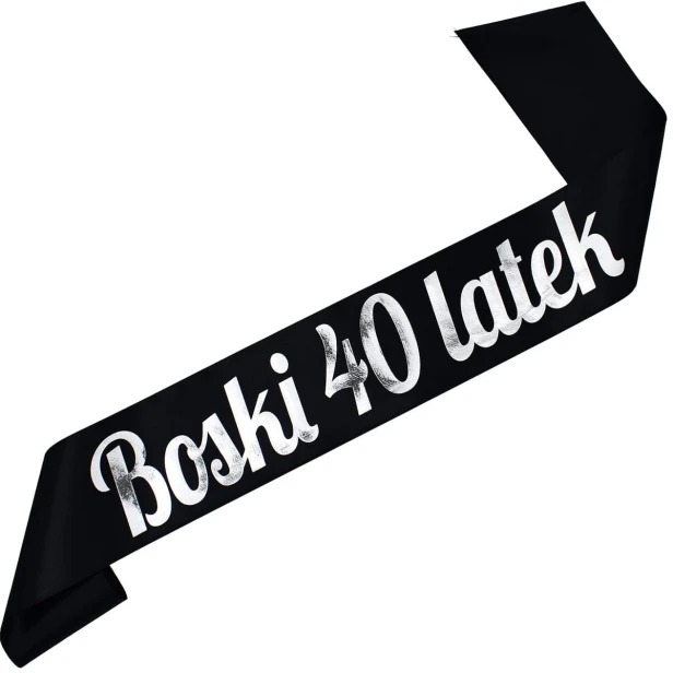 Szarfa na 40 urodziny Boski 40 latek - czarna, srebrny nadruk