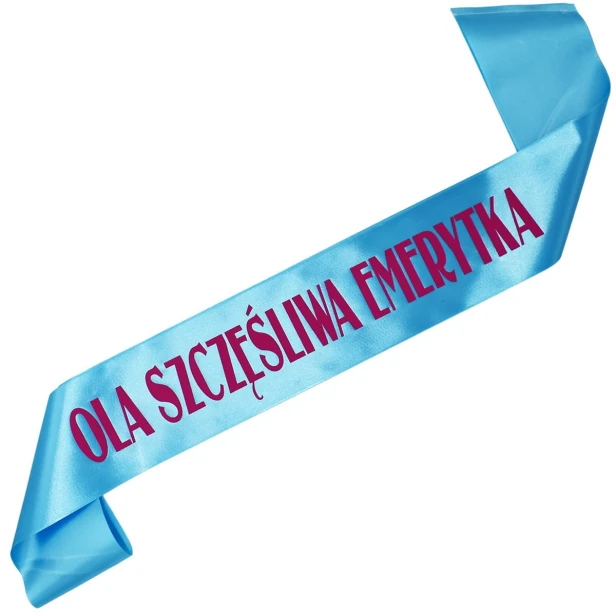 Szarfa blekitna Szczesliwa Emerytka z imieniem - z fuksjowym