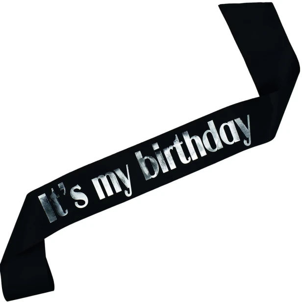 Szarfa czarna Its my Birthday - czarna, srebrny nadruk