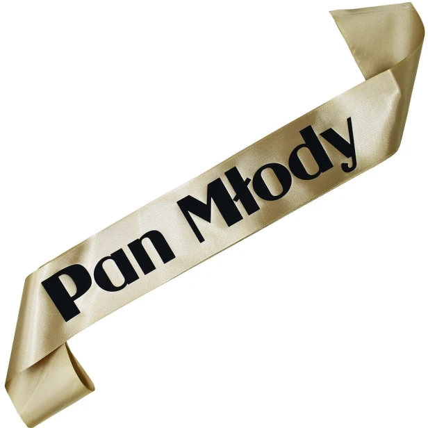 Szarfa starozlota Pan Mlody - czarny nadruk