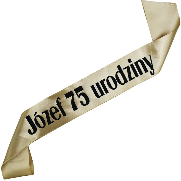 Szarfa na 75 urodziny dowolnym imieniem - starozlota, czarny nadruk