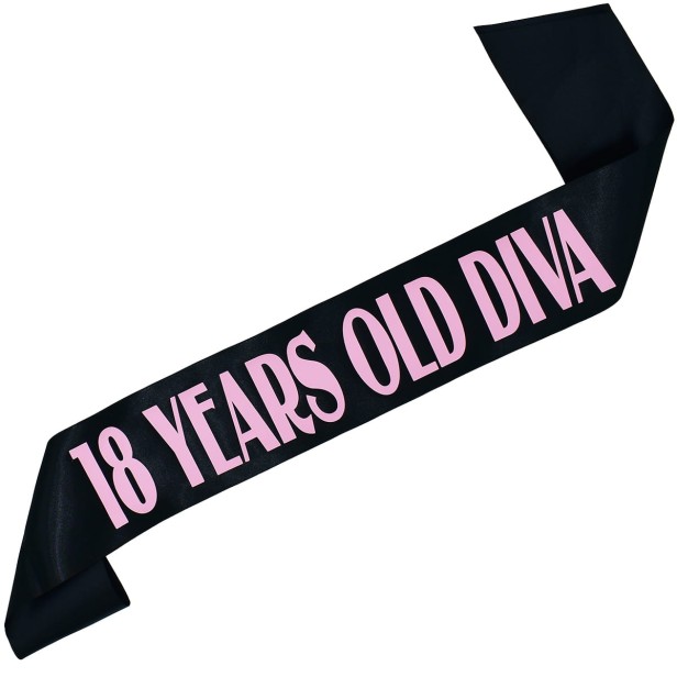 18 Years Old Diva - czarna szarfa z jasnoróżowym nadrukiem