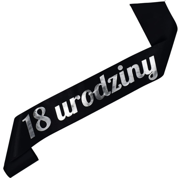 18 urodziny - czarna szarfa ze srebrnym nadrukiem - detal nadruku