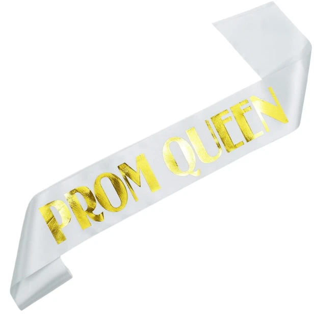 Szarfa Prom Queen - w kolorze bialym - zloty nadruk
