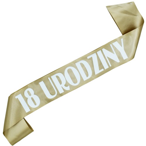 18 urodziny - starozlota szarfa z bialym nadrukiem - detal nadruku