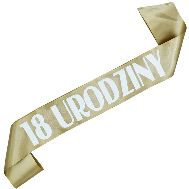 18 urodziny - starozłota szarfa z białym nadrukiem