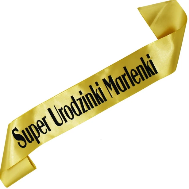 Szarfa zlota Super Urodzinki z imieniem - zlota, czarny nadruk