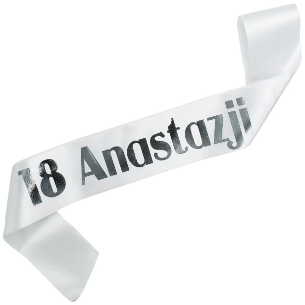Szarfa na 18 urodziny 18 imieniem - biala, srebrny nadruk