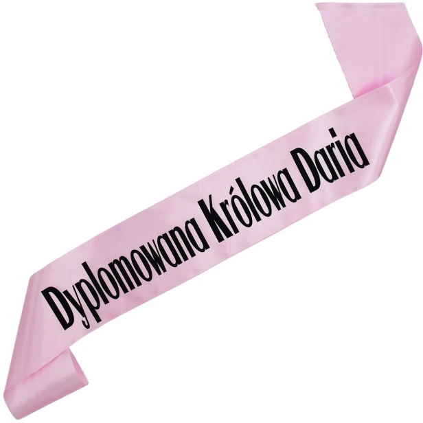 Szarfa jasnorozowa Dyplomowana Krolowa z imieniem - czarny nadruk