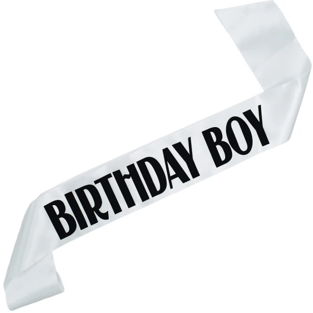 Szarfa biala Birthday Boy - czarny nadruk