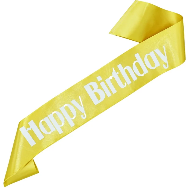 Szarfa zlota Happy Birthday - bialy nadruk